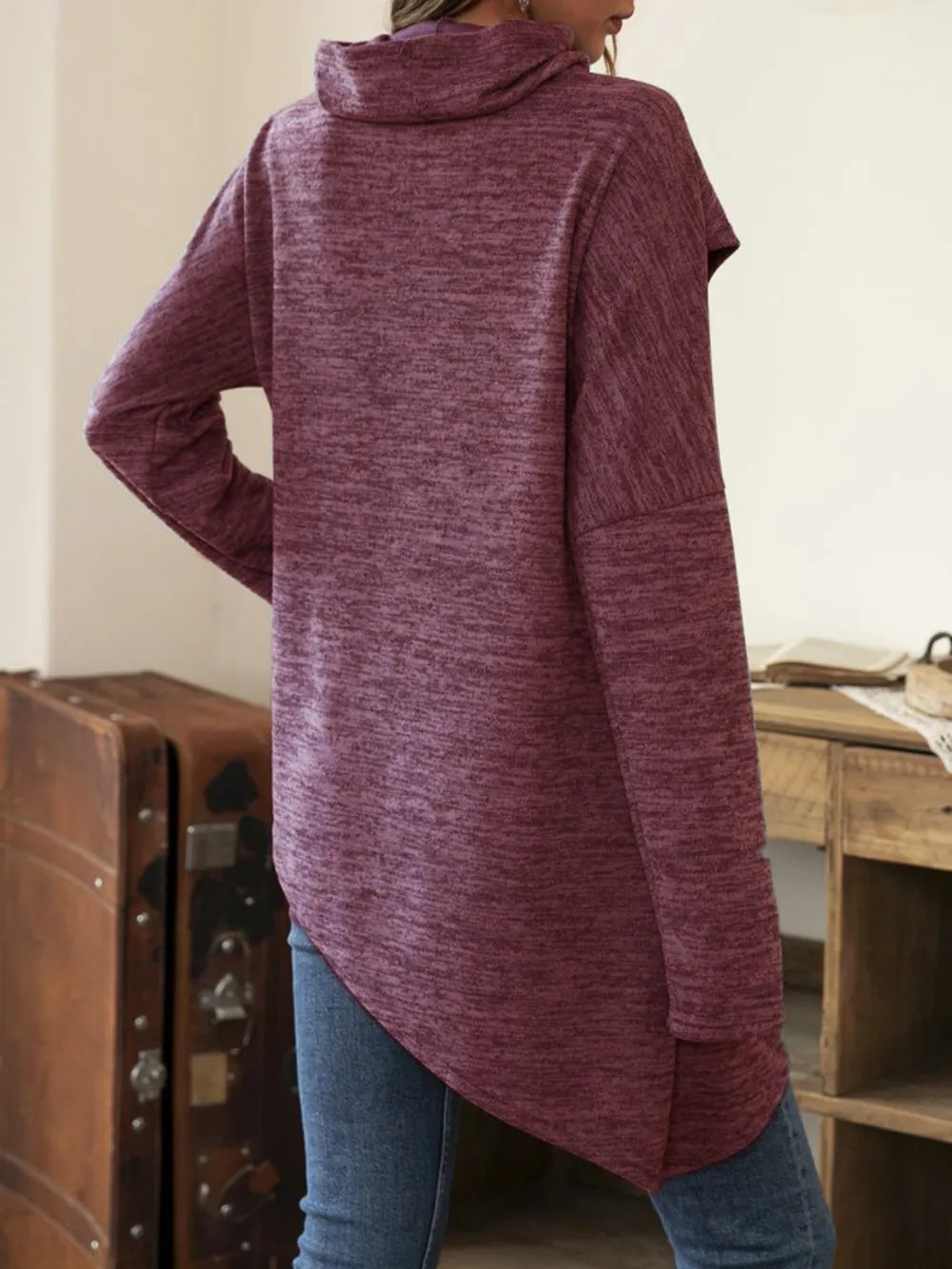 Long sleeve cowl neck t-shirt with asymmetrical hem from Plush Fashion Hub, featuring a relaxed fit and stylish design.