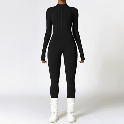 Warm zipper long-sleeved yoga fitness sports breathable bodysuit for women in black.