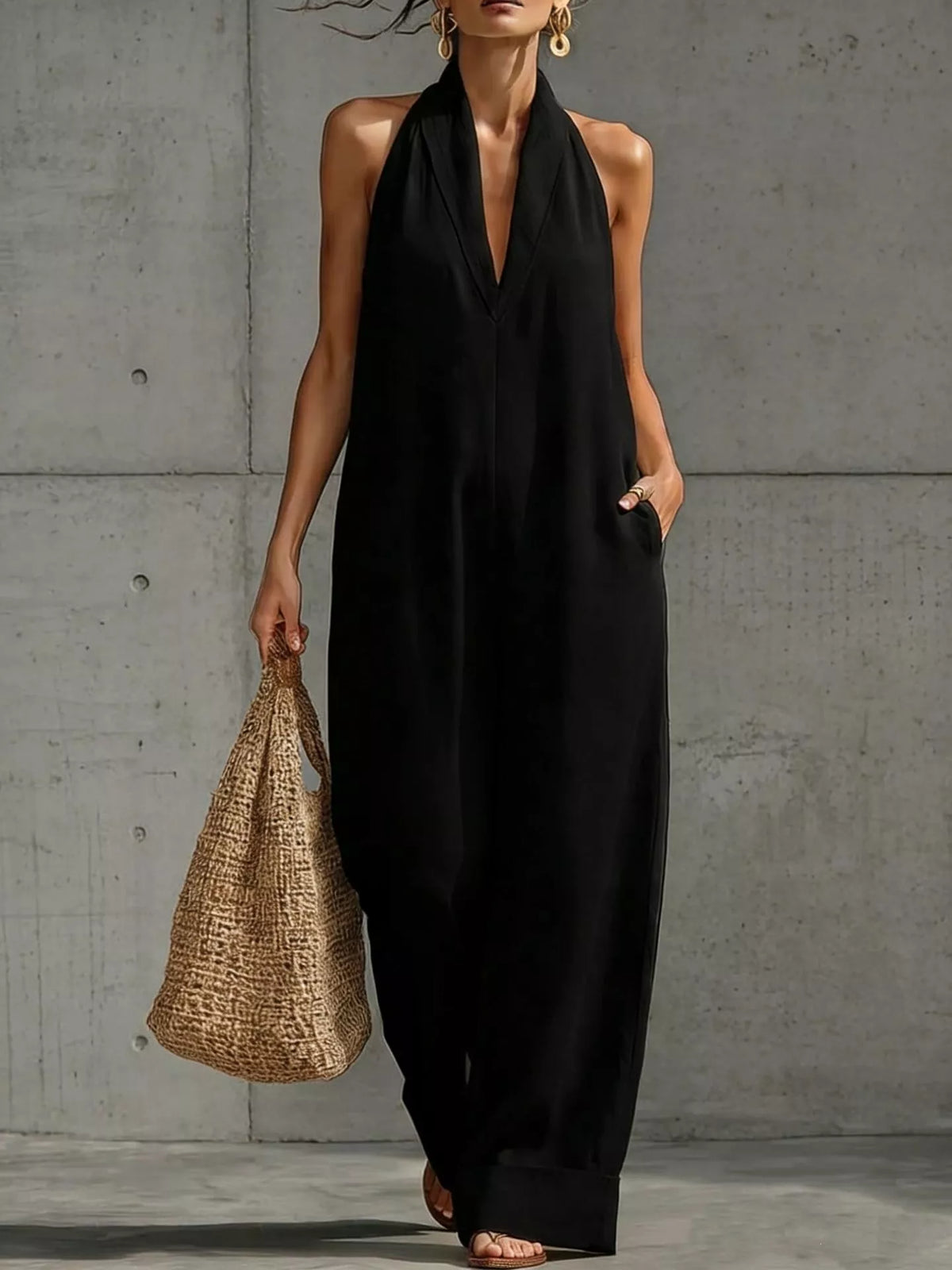 Plus size halter neck wide-leg jumpsuit by Plush Fashion Hub, featuring a flattering fit and stylish design.