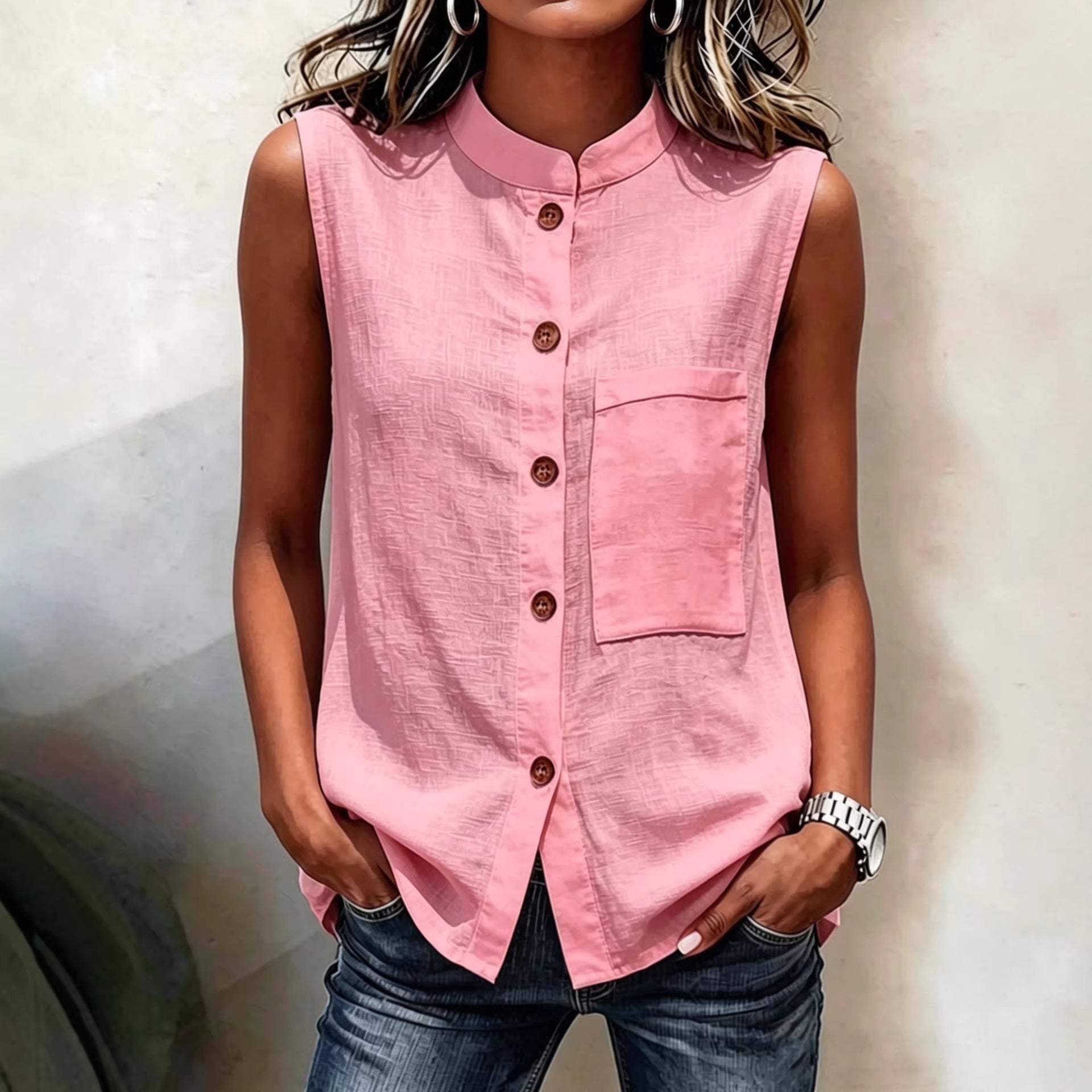Women's sleeveless crop top by FitiqueFit featuring buttoned pockets in a solid color, perfect for casualwear.