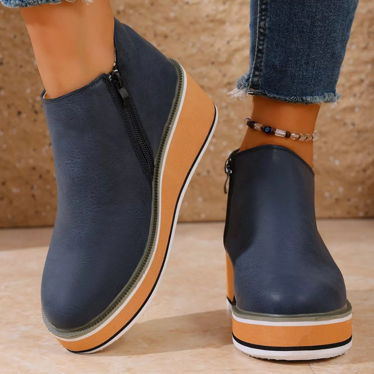 Women's Trendsi round toe wedge ankle boots with block heel and fashionable design, styled for casual or dressy outfits.
