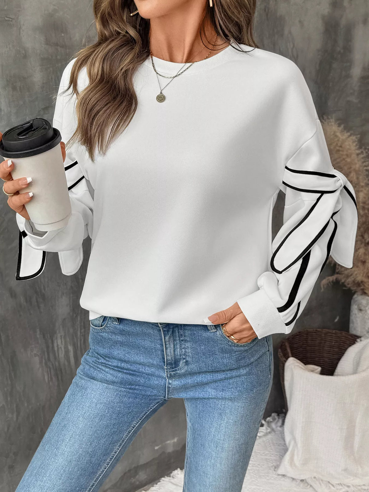 Plush Fashion Hub side striped round neck sweatshirt, casual tops with contrasting stripe details on the sleeves and neckline.