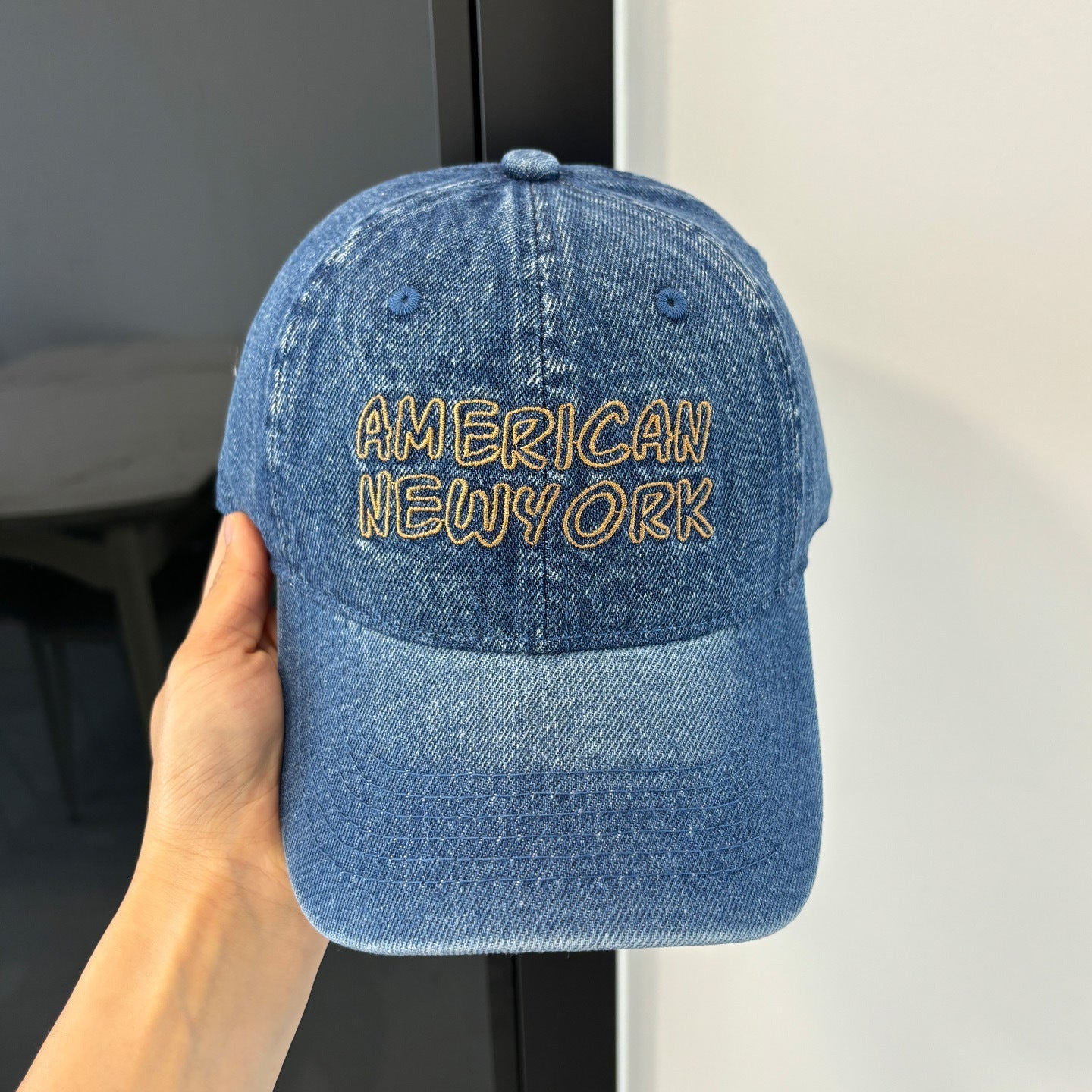 American Retro Washed Denim Peaked Cap by Plush Fashion Hub, vintage Korean-style baseball hat with curved brim and distressed denim fabric.