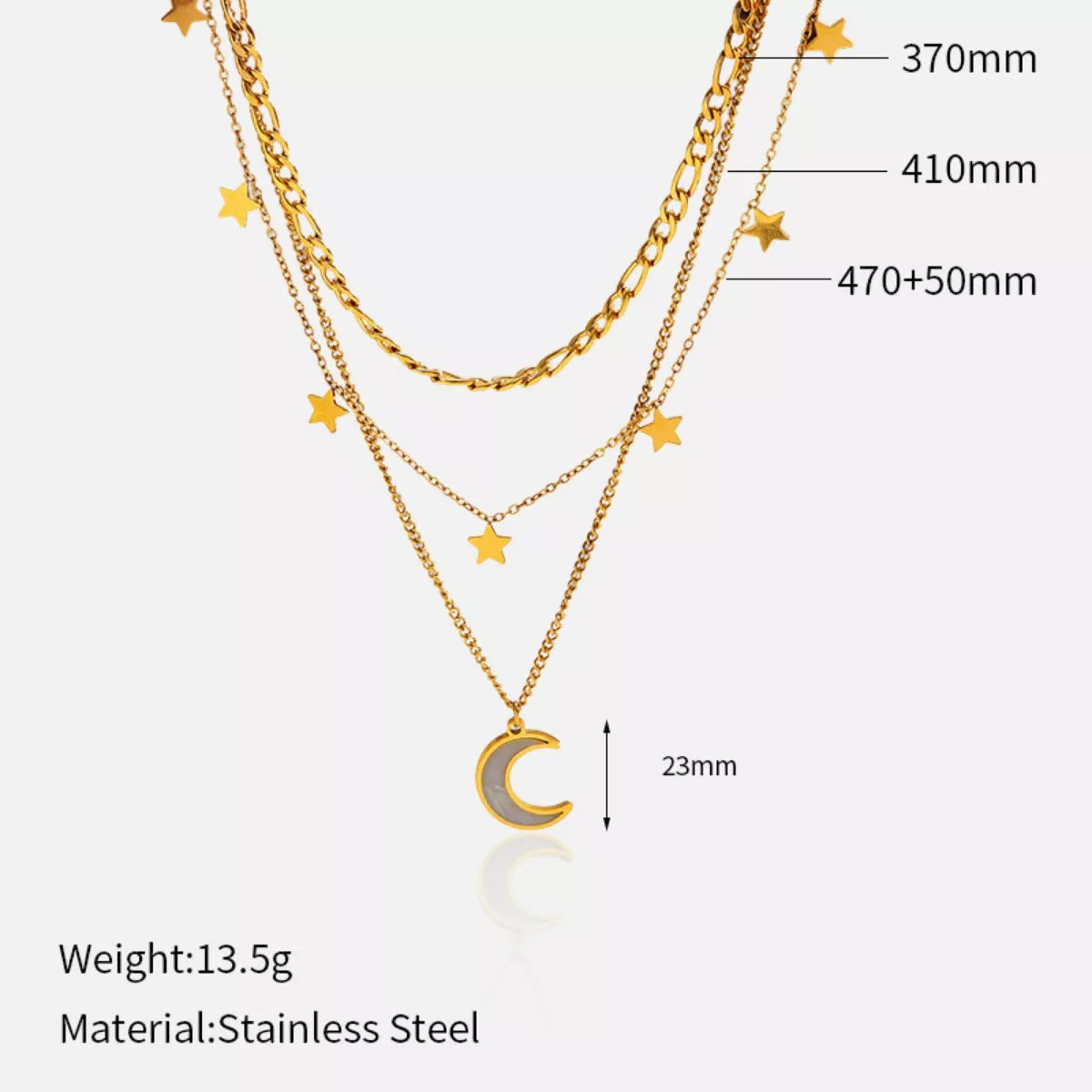 18K gold-plated three-layered moon necklace with delicate chains and celestial moon charms, stylish jewelry by Plush Fashion Hub