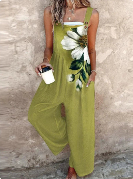 Women’s square-neck floral sleeveless jumpsuit by FitiqueFit, displayed on a model, showcasing casualwear style and vibrant floral pattern.