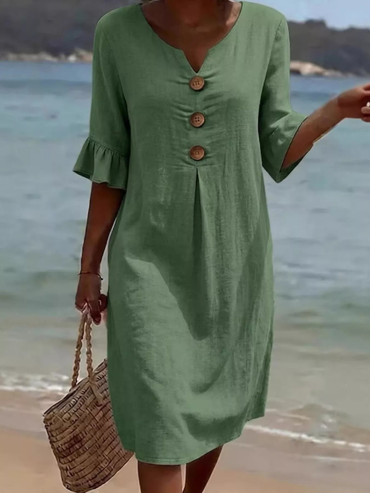 Plus size ruffle sleeve midi dress with button details from Plush Fashion Hub, featuring a stylish and flowy silhouette.