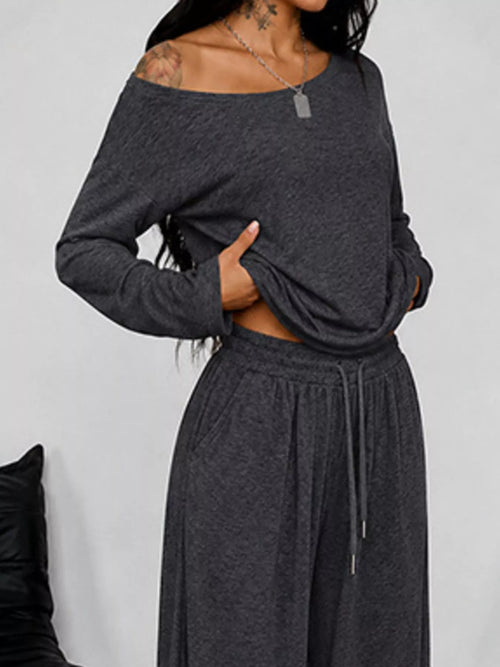 Plus size Trendsi one-shoulder top and drawstring pants set, full-size fashion ensemble, shown on a model.