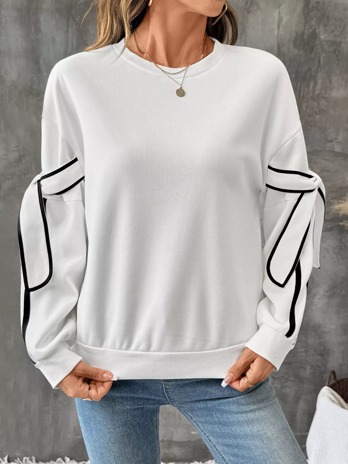 Plush Fashion Hub women's side striped round neck sweatshirt, casual tops with contrasting side stripes and long sleeves.