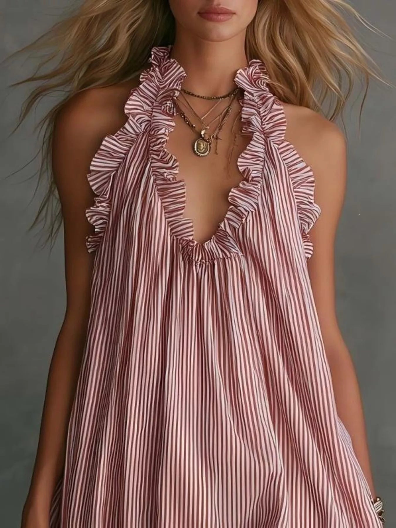 Plus size ruffled halter neck mini dress by Trendsi, featuring a feminine design with ruffles and a flattering fit.