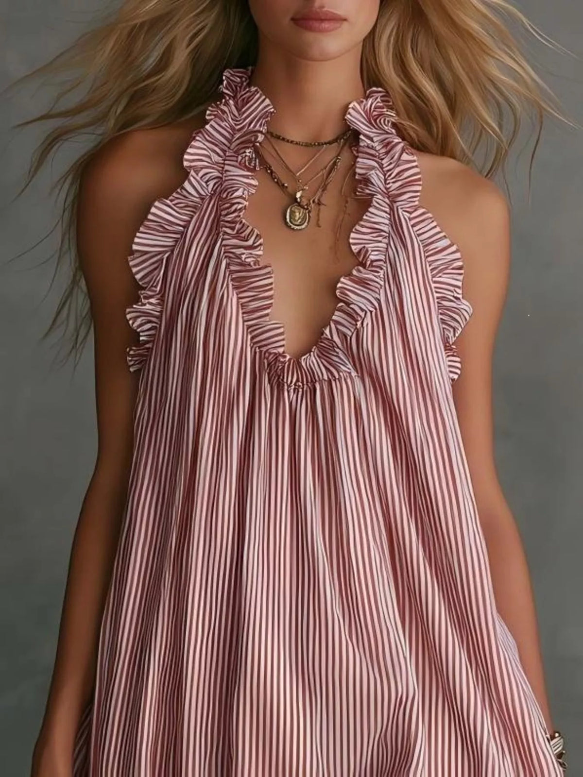 Plus size ruffled halter neck mini dress by Trendsi, featuring a stylish ruffled design and halter neckline, shown on a model.