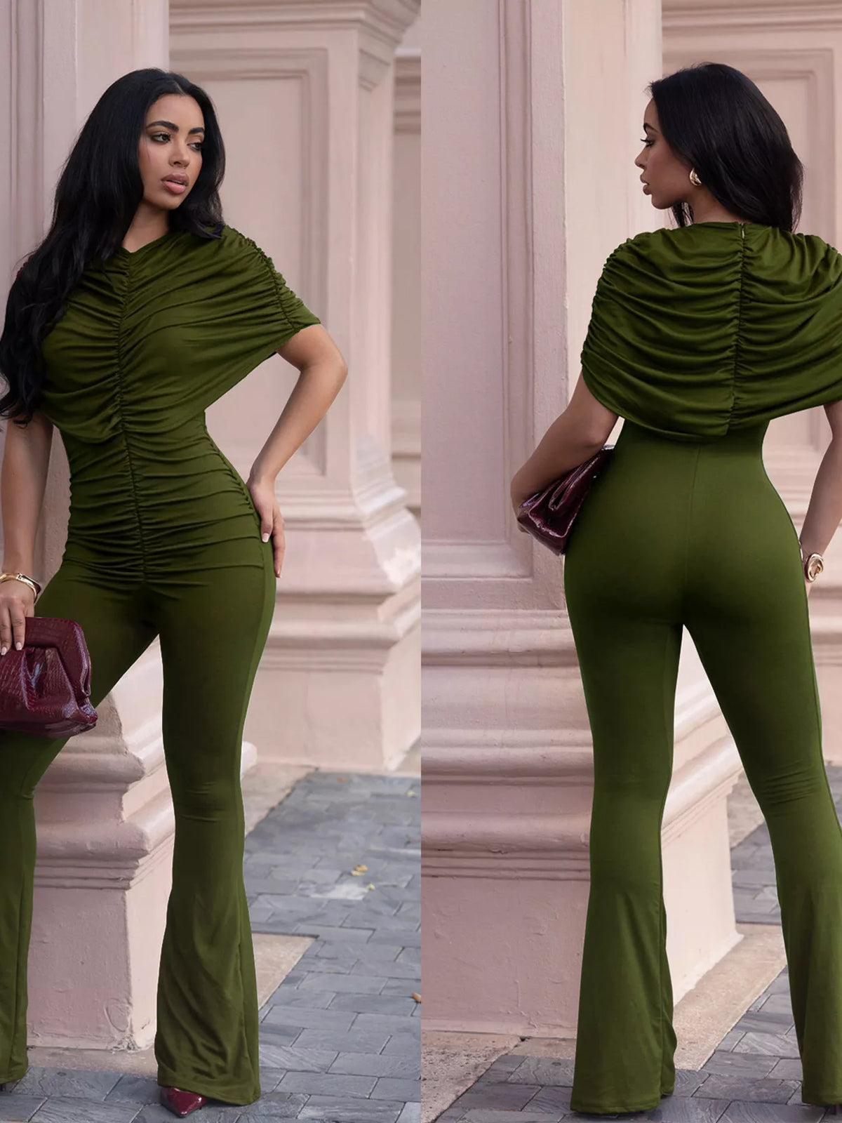 Plush Fashion Hub ruched flare leg jumpsuit with fitted bodice and wide-leg design, showcased on a model.