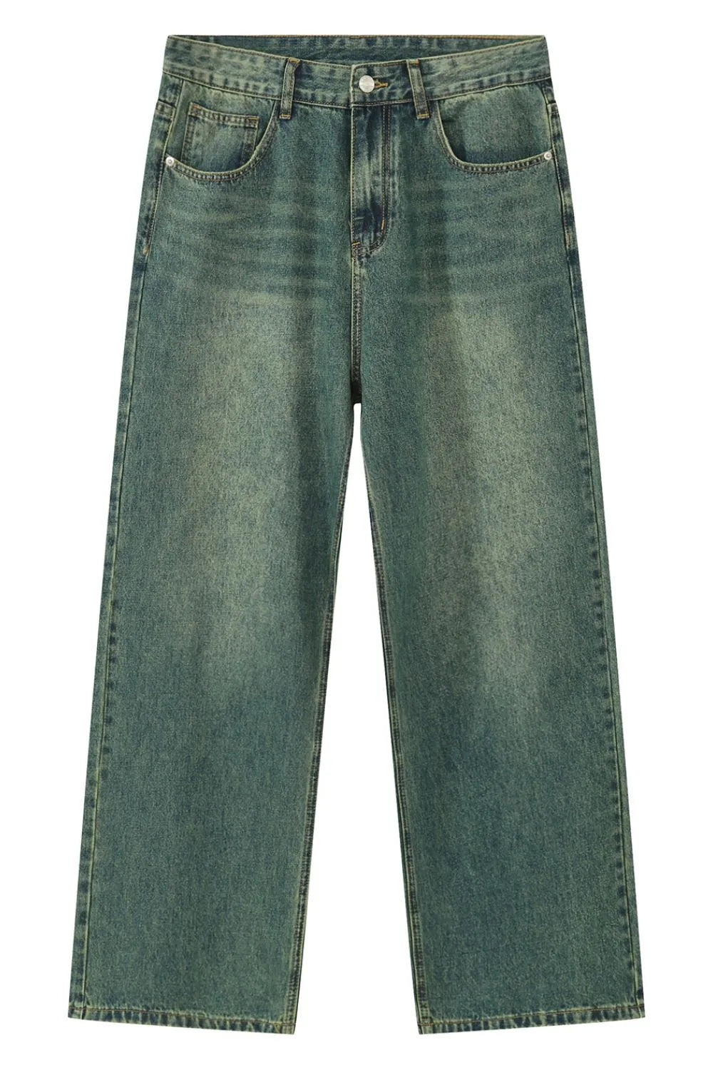 Plush Fashion Hub pocketed baggy denim jeans with relaxed fit, showcasing front and back pockets and light blue distressed denim.