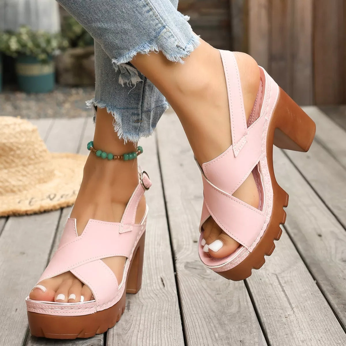 Open toe block heel sandals by Plush Fashion Hub featuring stylish design and comfortable heel height, perfect for summer outfits.