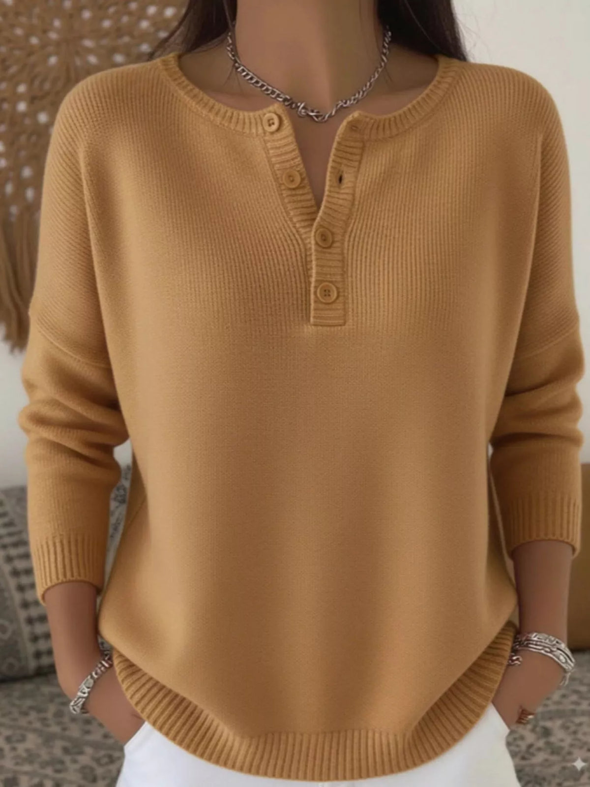 Plus size ribbed knit sweater with button details, featuring a cozy fit and stylish design from Trendsi.