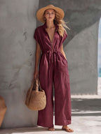 Casual FitiqueFit Retro Resort V-Neck jumpsuit with drop shoulders and loose fit, featuring a relaxed, stylish design.