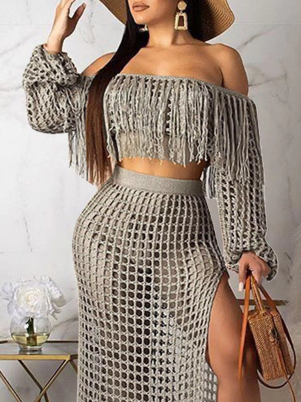 Plus size crochet off-shoulder fringe top and skirt set by Plush Fashion Hub, featuring a stylish matching summer outfit.
