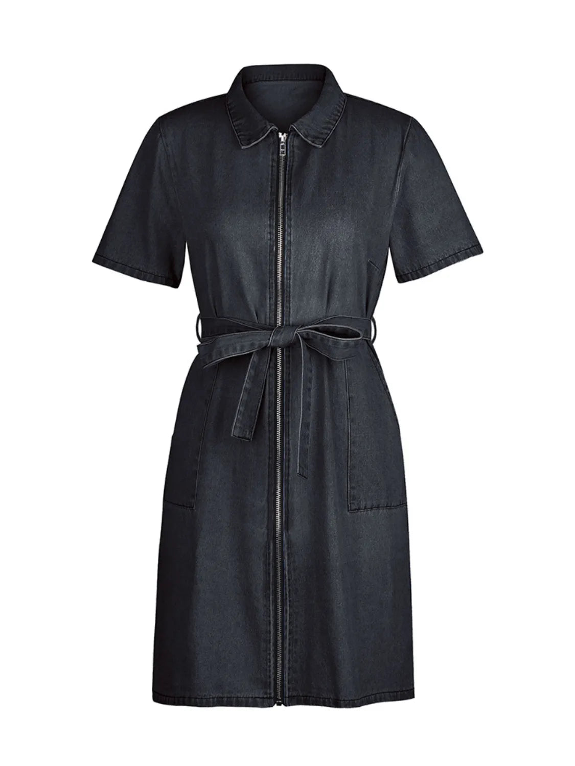 Plus size short sleeve denim dress with full front zipper from Plush Fashion Hub, shown on a model.