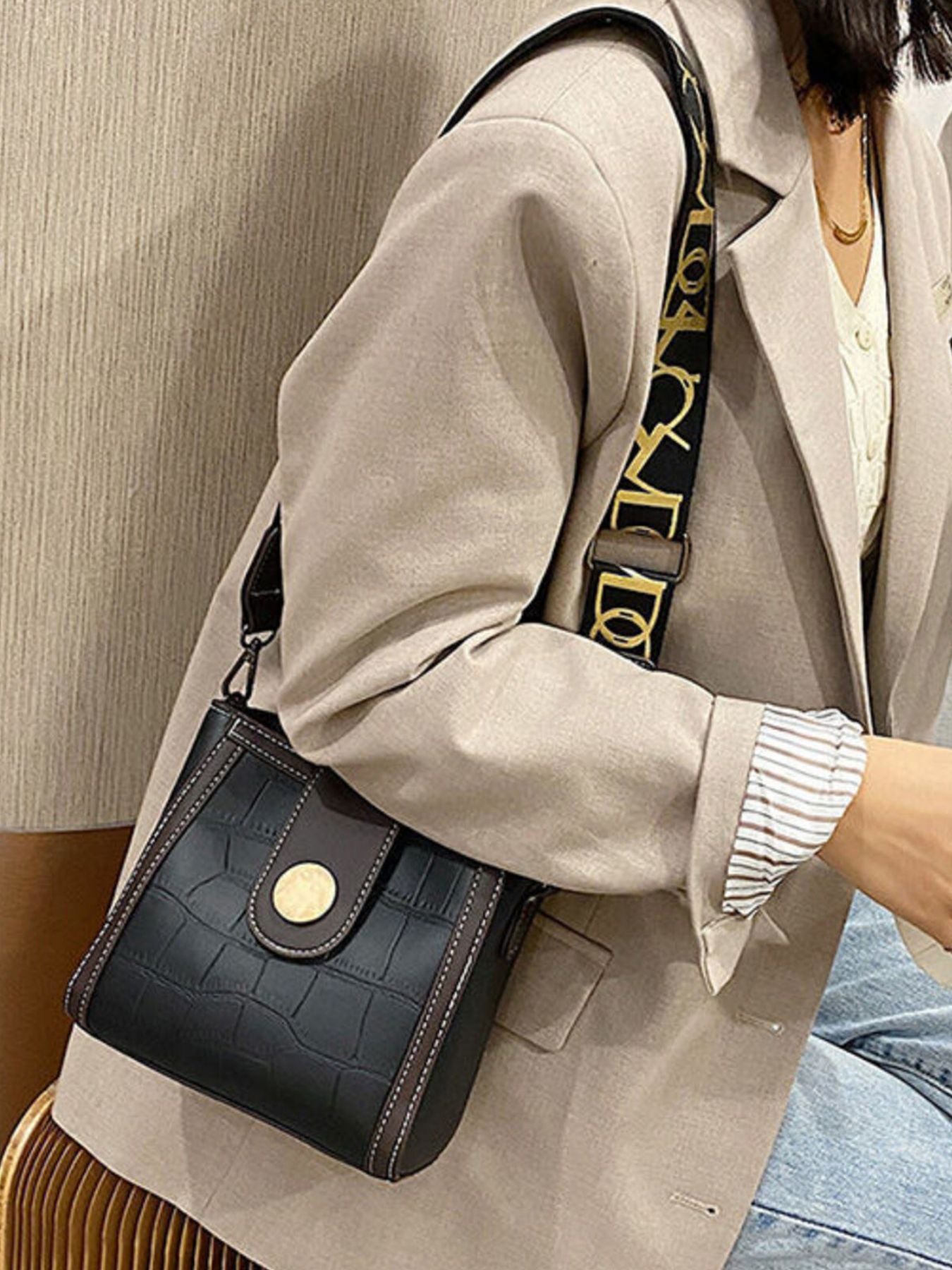 Crocodile embossed wide strap crossbody bag in premium PU leather with sleek design and textured crocodile pattern.