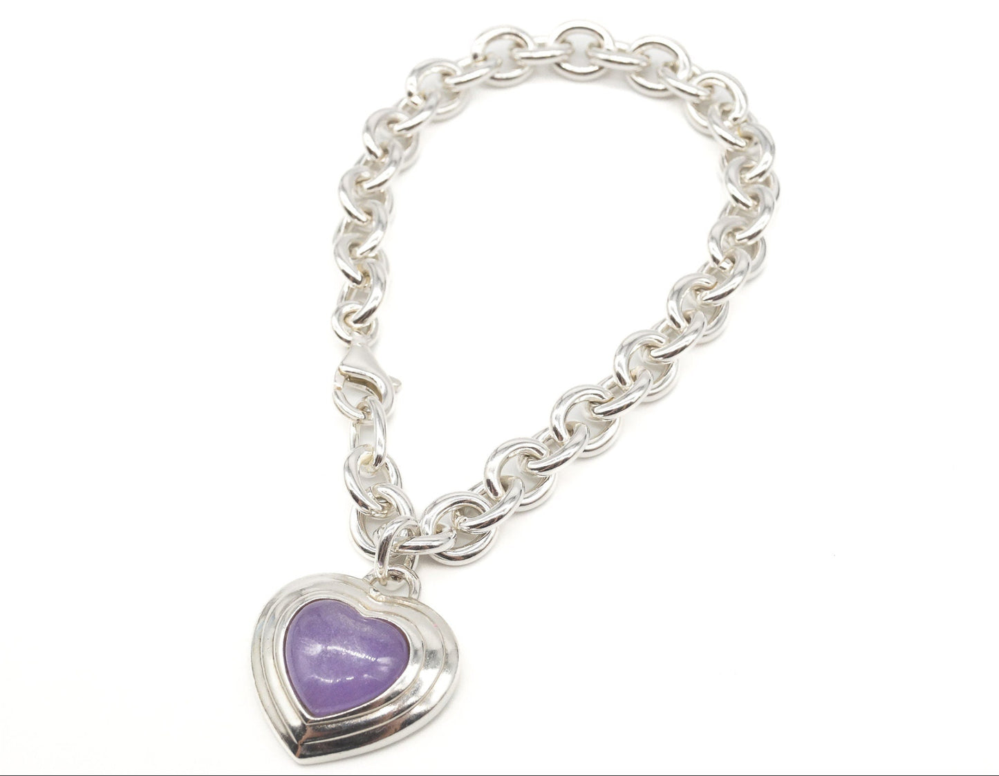 Vintage Designer CNA Lavender Jade Heart Chain Link Sterling Silver Bracelet Working 925 Jewelry