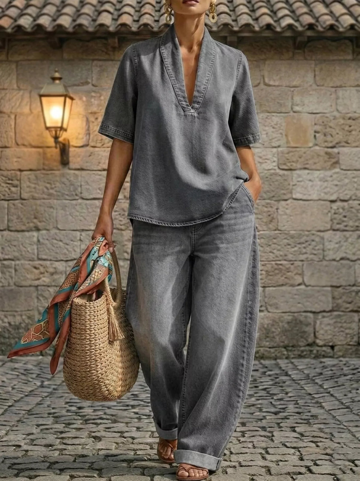Plus size women's dress with half sleeve top and wide-leg pants set by Plush Fashion Hub, stylish and comfortable for everyday wear.