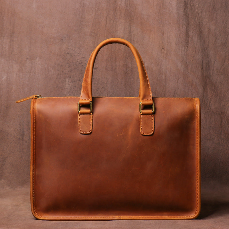 Pi-Mart men's Crazy Horse leather briefcase with laptop compartment, stylish and durable for professional use.