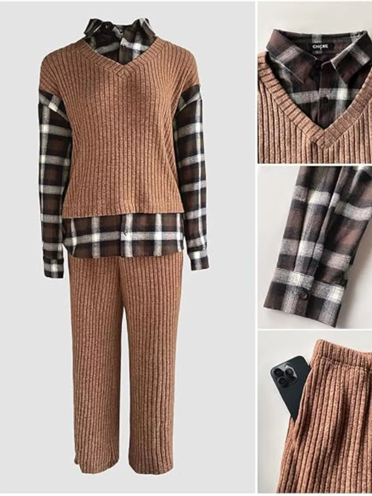 Ribbed knit plaid sleeve top and matching pants set by Trendsi, cozy and stylish loungewear with plaid accents and ribbed texture.