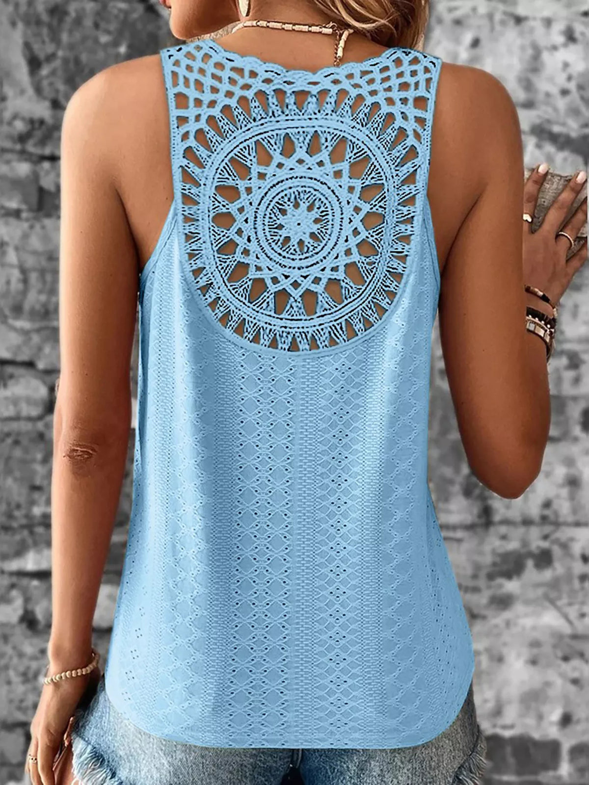 V-neck tank top with eyelet lace trim in soft fabric, featuring a sleeveless design from Plush Fashion Hub.