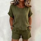 FitiqueFit solid-color cotton linen t-shirt and shorts set in multiple colors, casualwear for relaxed everyday style.