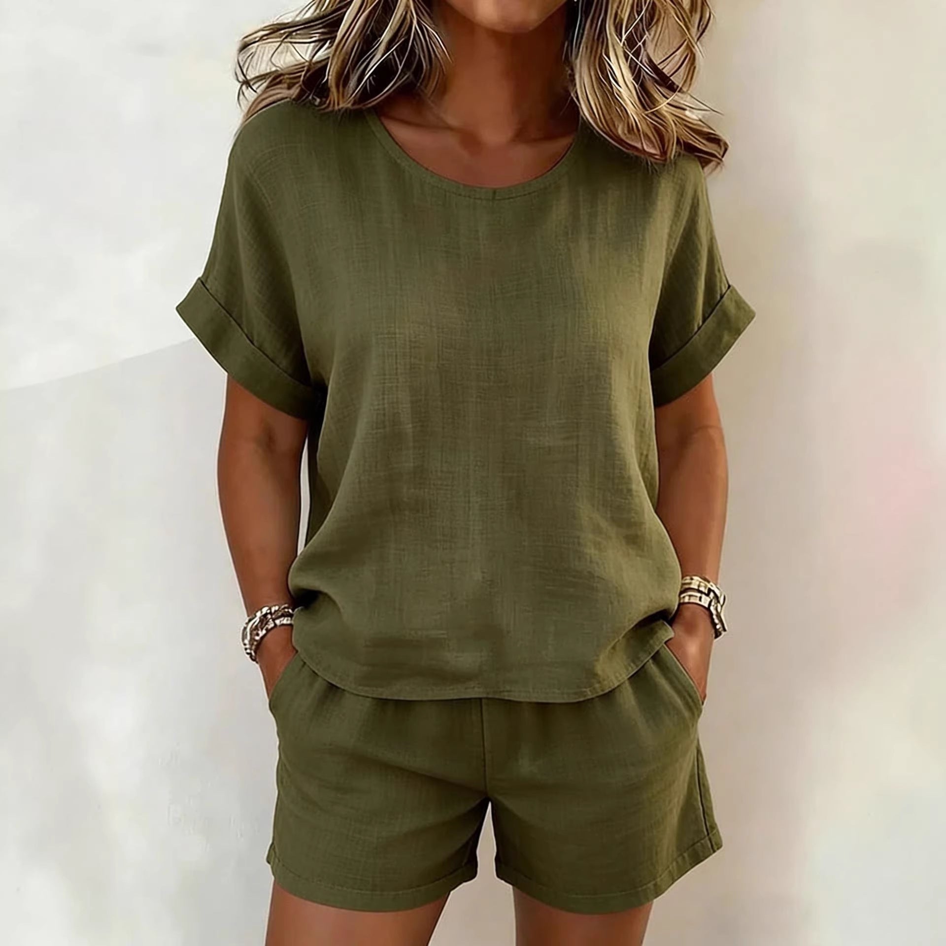 FitiqueFit solid-color cotton linen t-shirt and shorts set in multiple colors, casualwear for relaxed everyday style.