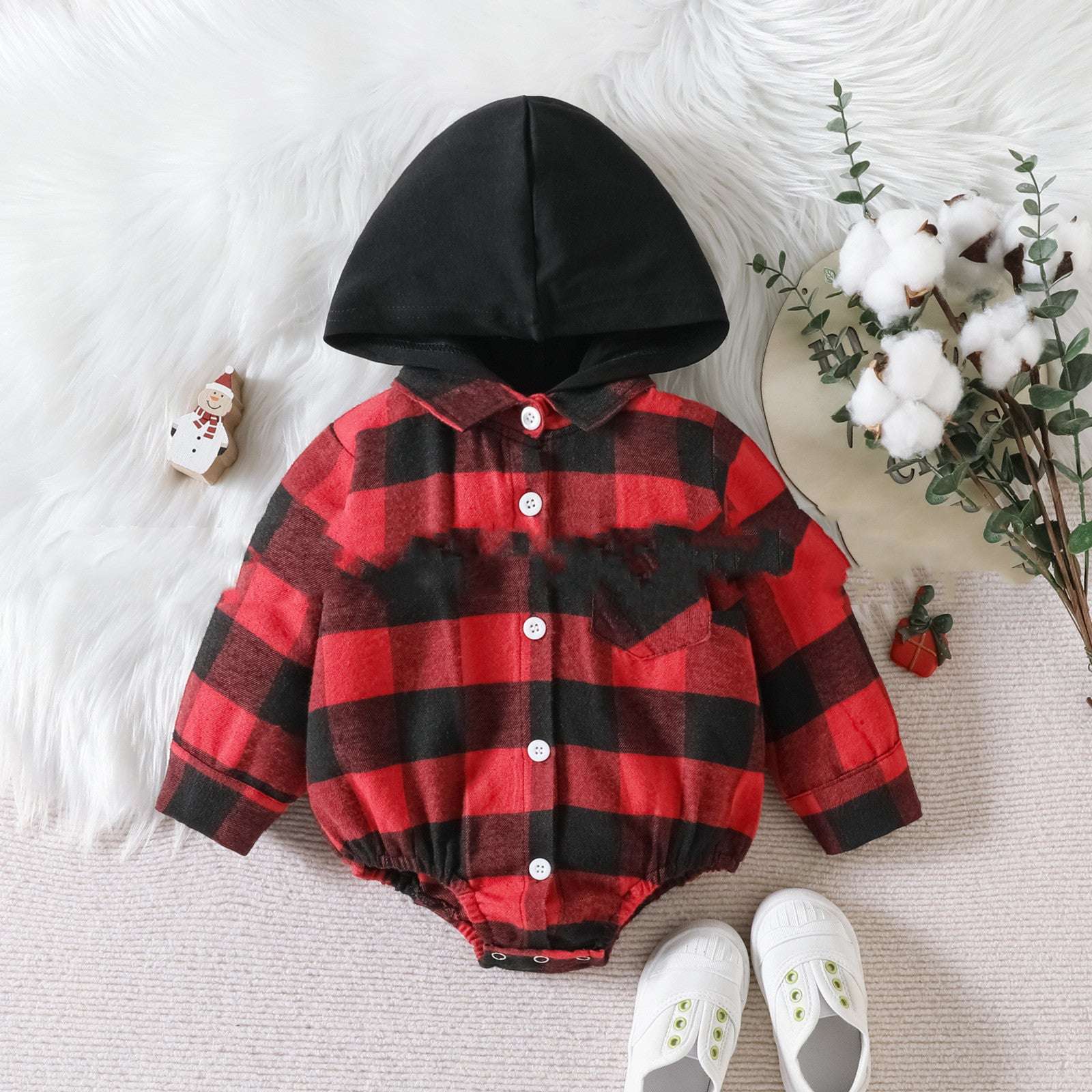 Baby Plaid Button Hooded JumpsuitStay cozy and festive this holiday season with our Baby Clothing Christmas Plaid Jumpsuit. Made with soft and breathable cotton fabric, our button-up onesie featuresBaby clothsPlush Fashions ShopPlush Fashion Shop