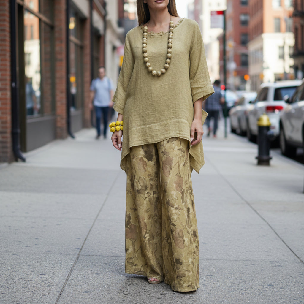 FitiqueFit irregular hem drop-shoulder top and wide-leg pants set in three colors, shown on a model with relaxed fit and stylish design.