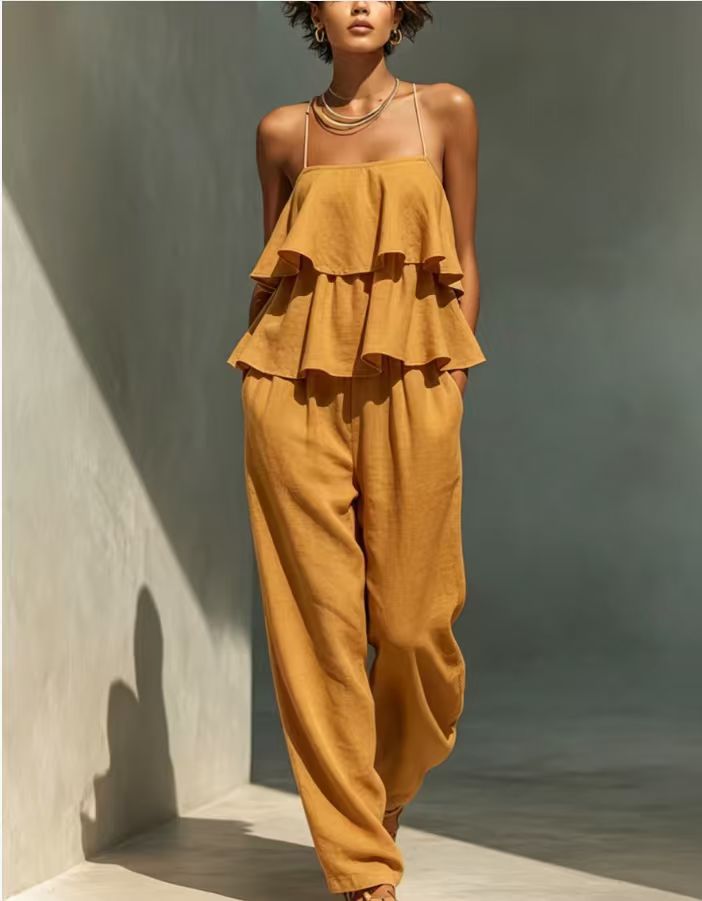 Women's sleeveless camisole top and casual pants set by FitiqueFit, stylish and comfortable casualwear for everyday wear.