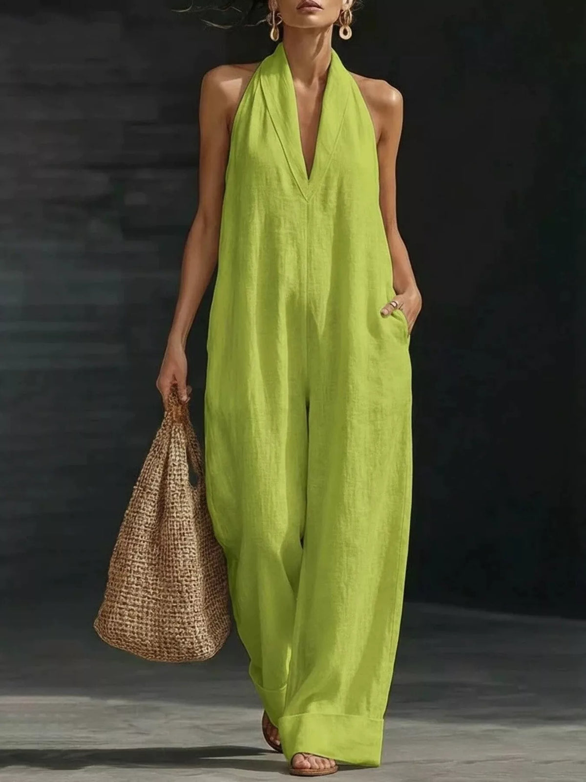 Plush Fashion Hub halter neck wide-leg jumpsuit in black, featuring a stylish fitted bodice and flowing wide-leg trousers.