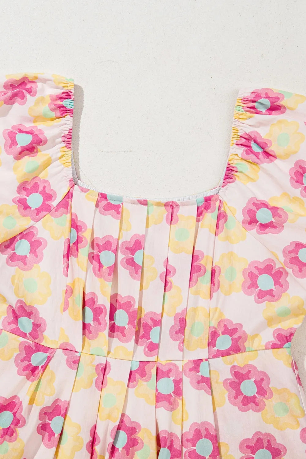 Floral square neck puff sleeve cotton midi dress with pleated flared skirt, perfect for summer, by Trendsi.