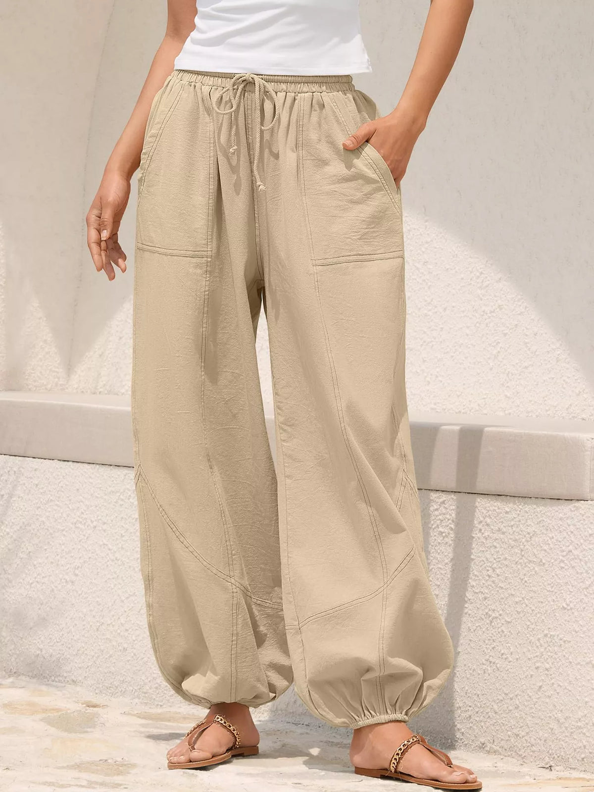 Casual loose-fit drawstring waist harem joggers from Plush Fashion Hub, featuring relaxed fit and comfortable style.