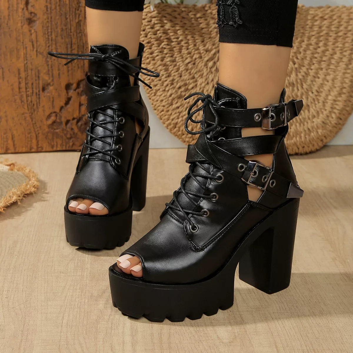 Plush Fashion Hub lace-up block heel sandals with open toe and ankle straps, stylish footwear for casual or dressy occasions.