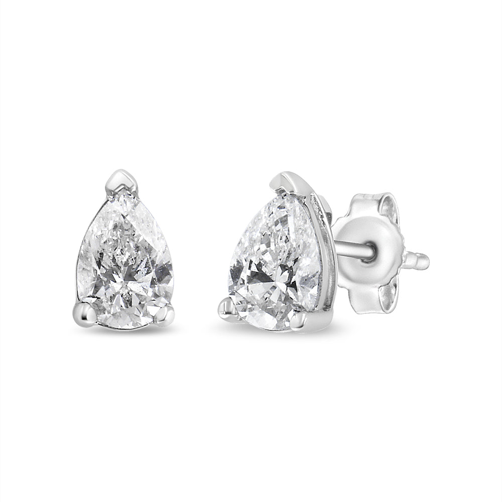 14K white gold lab-grown diamond stud earrings with pear-shaped solitaire diamonds, F-G color, VS2-SI1 clarity.