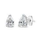 14K white gold lab-grown diamond stud earrings with pear-shaped solitaire diamonds, F-G color, VS2-SI1 clarity.