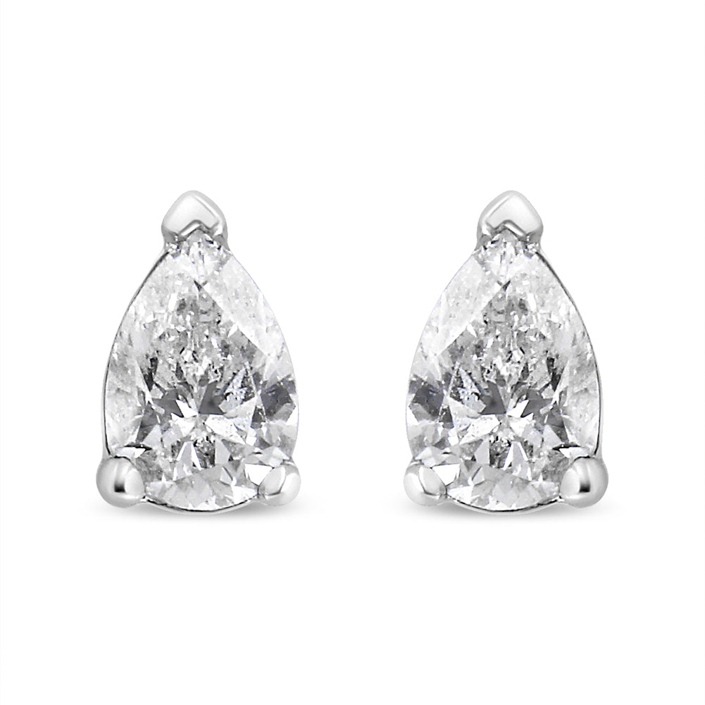 14K white gold lab-grown diamond stud earrings with pear shape, F-G color, VS2-SI1 clarity, 1/2 carat total weight.