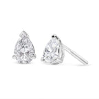14K white gold solitaire pearl-shaped diamond stud earrings with lab-grown diamonds, F-G color, VS2-SI1 clarity.