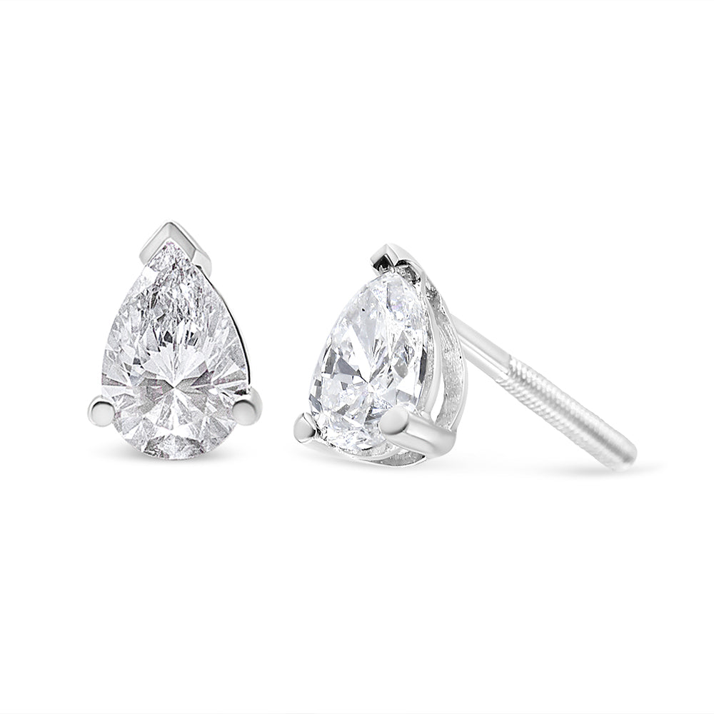 14K white gold solitaire pearl-shaped diamond stud earrings with lab-grown diamonds, F-G color, VS2-SI1 clarity.
