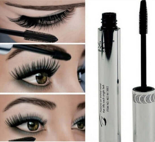 Long curling eyelash extension black fiber mascara for dramatic eye makeup.