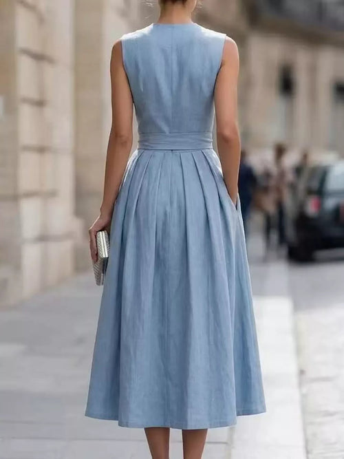 Plus size sleeveless button-front belted midi dress by Trendsi, featuring a full-length design with a stylish, modern silhouette.