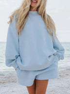 Trendsi relaxed fit round neck sweatshirt and matching shorts 2-piece set, casual loungewear for comfortable everyday wear
