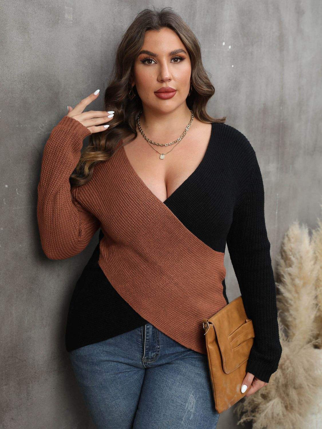 Plus Size Two-Tone Surplice Neck SweaterElevate your wardrobe with our Plus Size Two-Tone Surplice Neck Sweater! This sweater features a basic style with a touch of stretch for a comfortable fit. Made of 1SweaterTrendsiPlush Fashion Shop