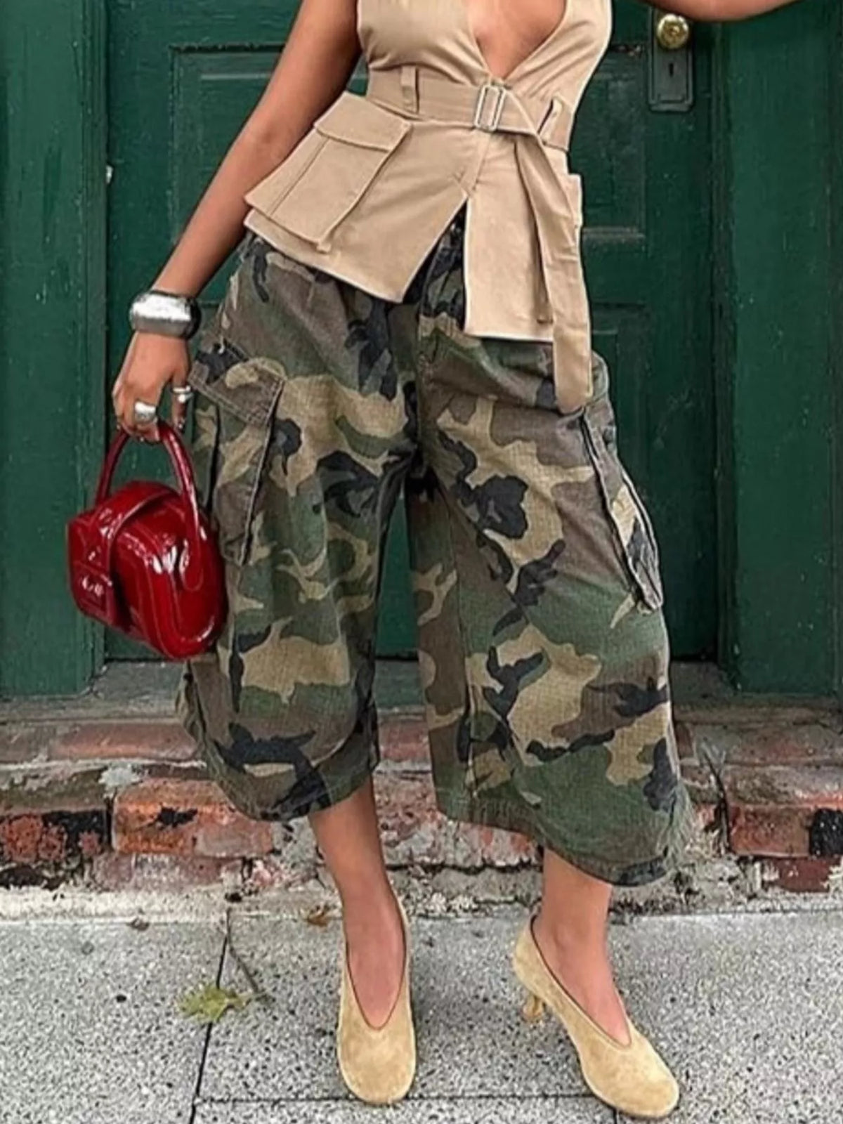 Camouflage cargo cropped pants from Plush Fashion Hub featuring multiple pockets and a relaxed fit, ideal for casual wear.