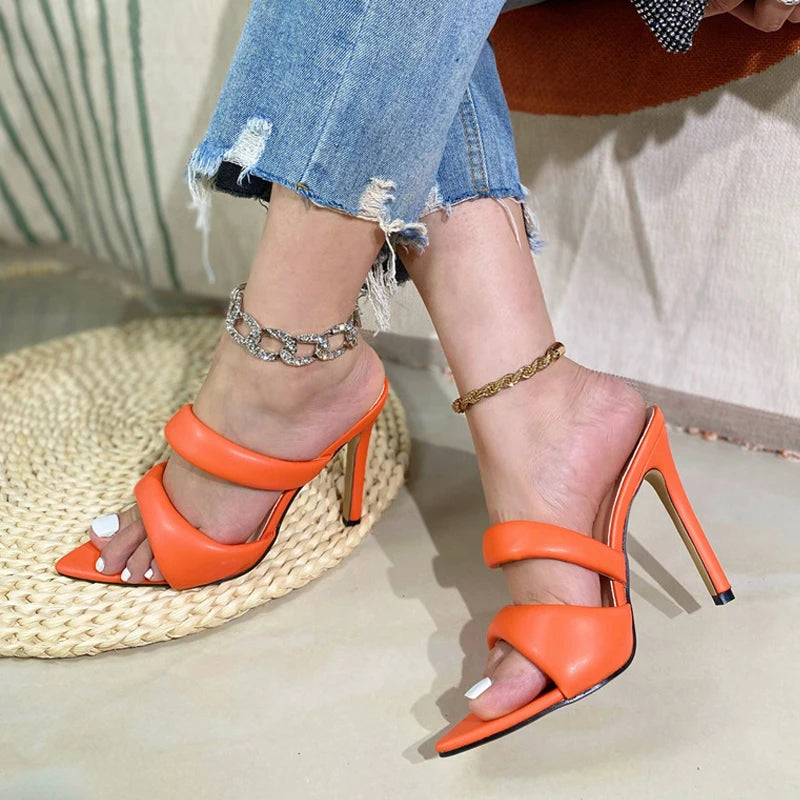 Elegant pair of plush fashion hub ladies pointed toe high heel stilettos on a neutral background.