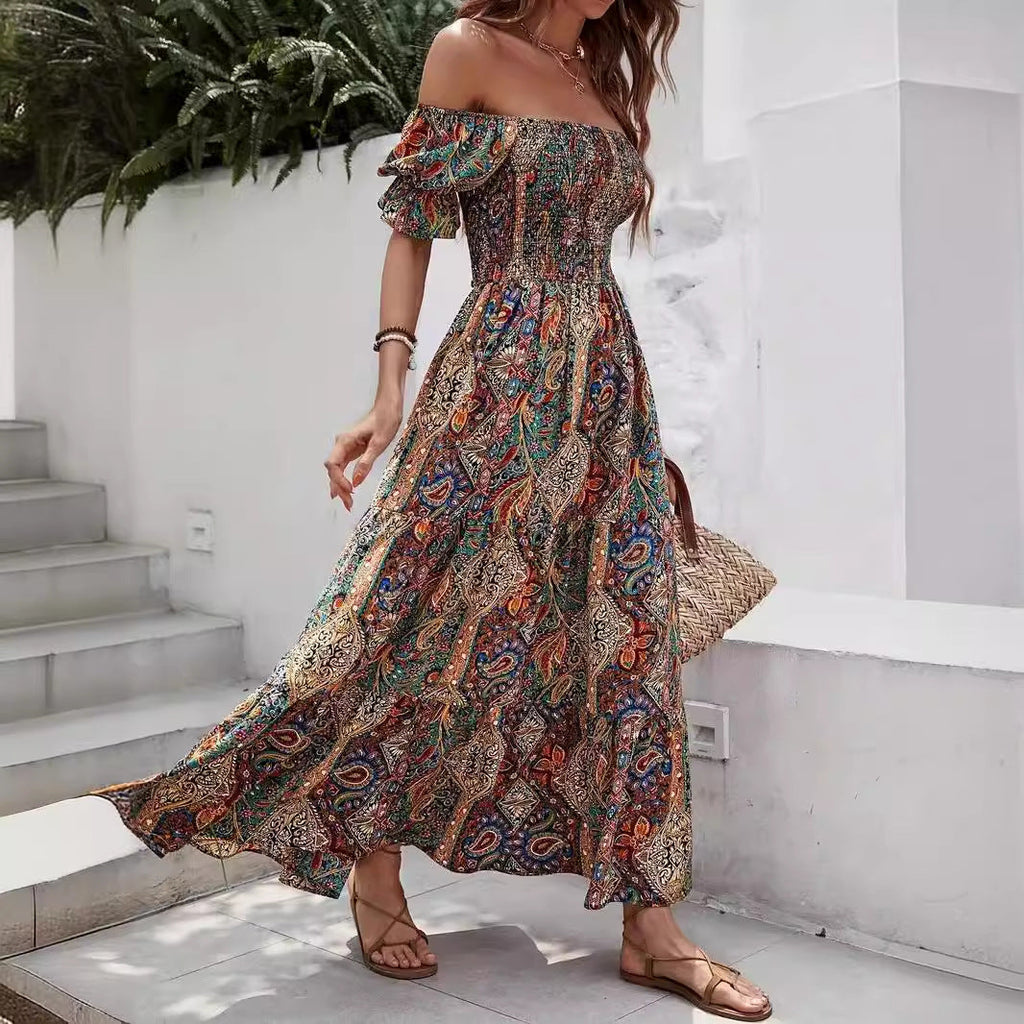 Women’s Paisley One‑Shoulder Maxi Dress by FitiqueFit, casualwear, featuring a flowing maxi length with a stylish one-shoulder design