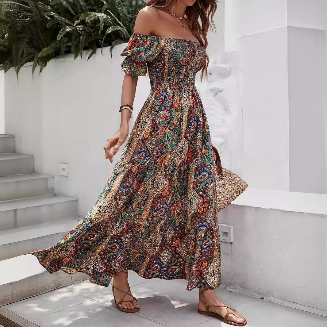 Women’s Paisley One‑Shoulder Maxi Dress by FitiqueFit, casualwear, featuring a flowing maxi length with a stylish one-shoulder design