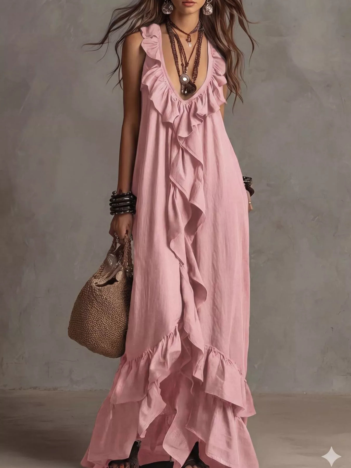 Ruffled sleeveless maxi dress by Plush Fashion Hub featuring a flowing silhouette and elegant ruffle details.